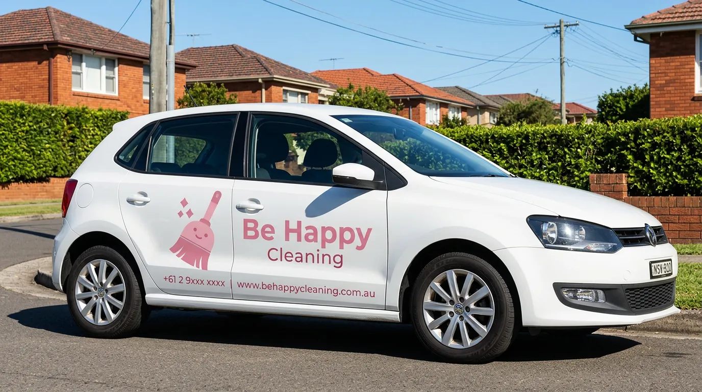 Be Happy Cleaning branding on a work car